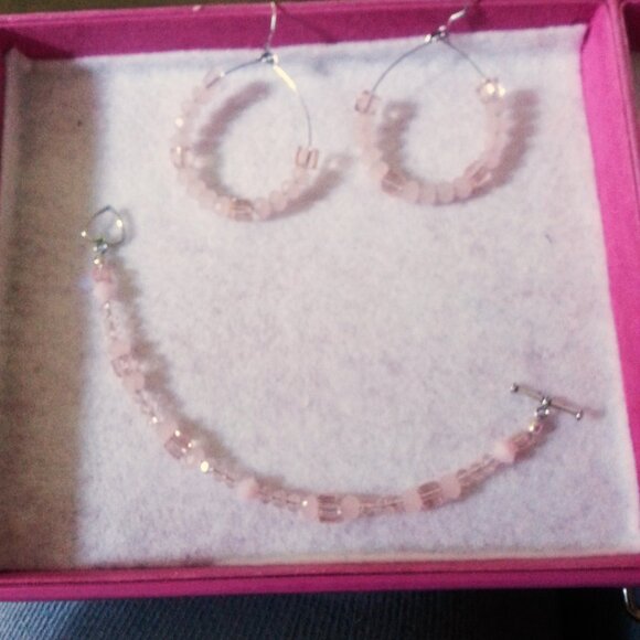 Swarovski Crystal Hand-Made Pink Earring Hoops/ Bracelet Sterling Set - Picture 1 of 9